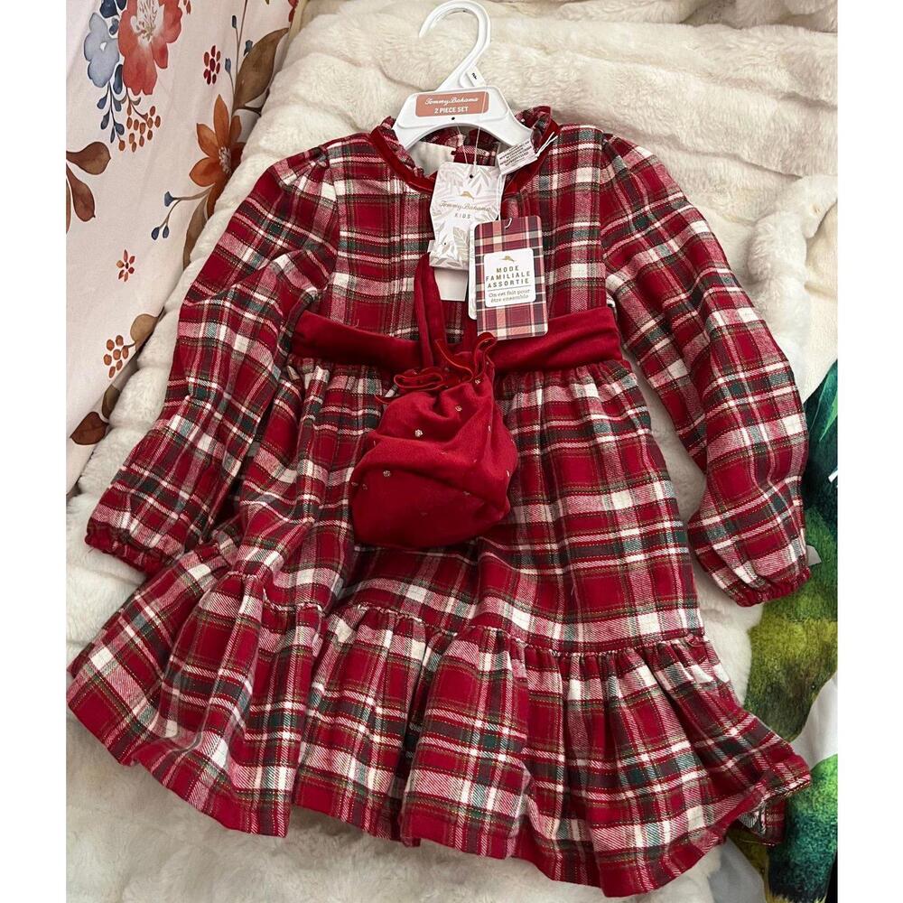 NWT Tommy Bahama 2T Girls Dress Bag Outfit Set Preppy Plaid Flannel Winter Red